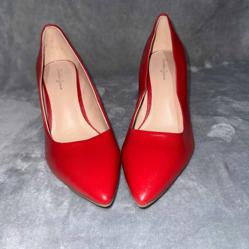 Amelia Grace Womens AG-MACEE Pumps 9.5M Red Textured Pointed Toe Block Heel